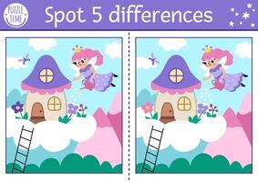 Unicorn find differences game for children. Fairytale educational activity with fairy girl watering flowers, on magic nature background with house on cloud. Cute puzzle for kids with fantasy character vector