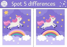 Unicorn find differences game for children. Fairytale educational activity with horse jumping through rainbow, magic night landscape background. Cute puzzle for kid with funny fantasy character vector