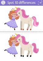 Unicorn find differences game for children. Fairytale educational activity with fairy girl hugging horse. Cute puzzle for kids with funny fantasy characters. Printable worksheet, page for attention vector