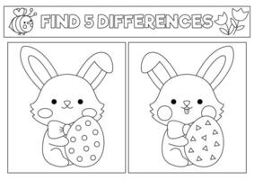Easter black and white kawaii find differences game. Coloring page with cute bunny sitting with egg. Spring holiday puzzle or activity for kids. Printable what is different worksheet vector