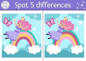 Unicorn find differences game for children. Fairytale educational activity with fairy girl sliding down the rainbow on night sky background. Cute puzzle for kids with funny fantasy character vector