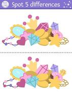 Find differences game for children with unicorn treasures. Fairytale educational activity with crystals heap with crown. Cute puzzle for kids with funny fantasy characters. Printable worksheet, page vector