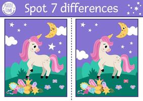 Unicorn find differences game for children. Fairytale activity with horse with horn, treasures, magic night landscape background with moon. Cute puzzle for kids with funny fantasy character vector