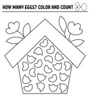 black and white Easter coloring and math puzzle with bird house and eggs halves. Find the half and count. Logical printable counting activity for kids. Cute spring worksheet or coloring page vector