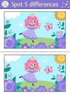 Unicorn find differences game for children. Fairytale educational activity with fairy girl dancing on meadow with magic wand, on flower background. Cute puzzle for kids with fantasy character vector