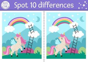 Unicorn find differences game for children. Fairytale educational activity with horse with horn, rainbow, magic night landscape background. Cute puzzle for kids with funny fantasy character vector