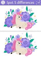 Unicorn find differences game for children. Fairytale educational activity with sitting horse with horn with flower background. Cute puzzle for kids with funny fantasy character vector