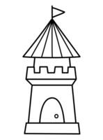 black and white cartoon tower. Fantasy world castle part line icon with flag. Fairy tale princess house outline illustration or coloring page isolated on white background vector