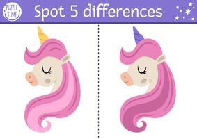 Find differences game for children. Fairytale educational activity with unicorn head, pink mane. Cute puzzle for kids with funny fantasy character. Printable worksheet, page for attention skills vector
