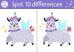 Find differences game for children with unicorn llama. Fairytale educational activity with funny alpaca with horn. Cute puzzle for kids with funny fantasy characters. Printable worksheet, page vector