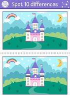 Unicorn find differences game for children. Fairytale educational activity with castle, rainbow, magic kingdom, night landscape background. Cute puzzle for kids with funny fantasy character vector
