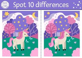 Unicorn find differences game for children. Fairytale educational activity with horse with horn, magic forest, night landscape background. Cute puzzle for kids with funny fantasy character vector
