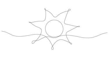 Sun in Continuous one line art. Single sketch sunny summer travel concept. Icon hot bright sky weather happy holiday vacation element illustration. Editable stroke. vector