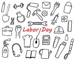 set of labor day doodle elements, hand drawn doodles of different professions vector
