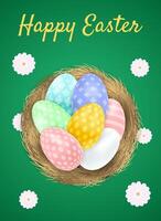 Easter day card, template with nest and eggs on the meadow vector