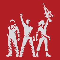 One person holds a flag, another raises their fist, and the third wields a weapon. vector