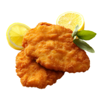 chicken schnitzel with lemon slices and leaves transparent background png