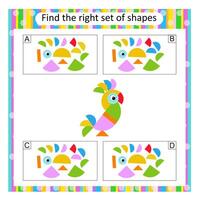 Logic puzzle for children. Find the correct set of cartoon parrot. Answer is D. vector