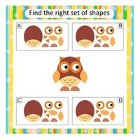 Logic puzzle for children. Find the correct set of cartoon owl. Preschool worksheet activity. Answer is C. vector