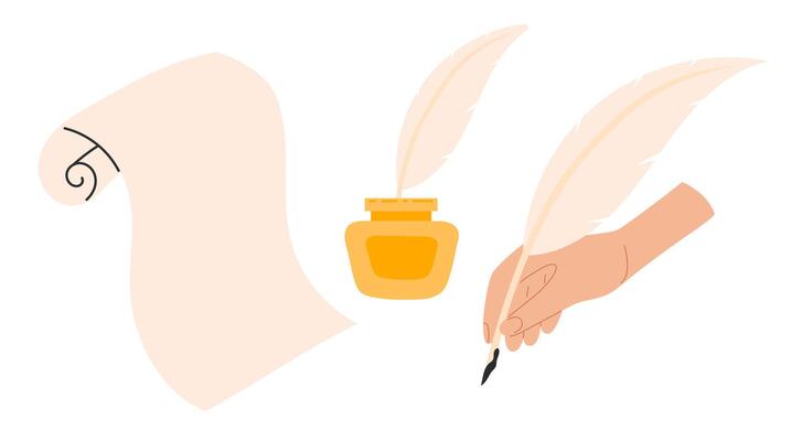 Roll of old paper and feather, ink bottle and inkwell. World Poetry Day or Theatre Day stickers. Flat illustration isolated on white background