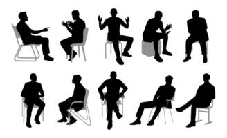 Silhouettes of men engaging in various postures and gestures in a minimalistic setting with chairs and stools vector