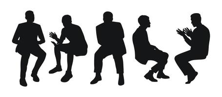 Silhouettes of men sitting on a chair and stool, a group of business people, black color on a transparent background vector