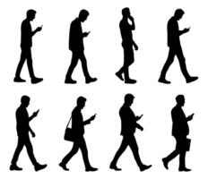 Man walking while using a smartphone silhouettes illustration set vector