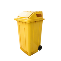 A sturdy yellow garbage bin with a top lid and wheels, designed for convenient waste collection, shown from a side angle png
