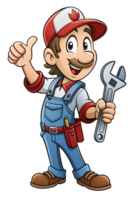 A friendly cartoon mechanic wearing a cap and overalls, holding a wrench, and gesturing a thumbs-up for dependable service png
