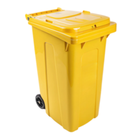 A slightly angled perspective of a bright yellow garbage bin with a secure lid, emphasizing its compact, functional design png