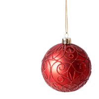 A glossy red bauble with intricate swirling glitter patterns, exuding warmth and elegance on a thin golden string png