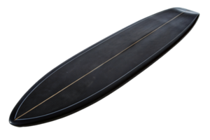 A sleek, black longboard surfboard with subtle beige stringer detailing along the center, featuring a streamlined design for smooth gliding on waves png