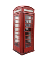 A slightly angled view of a traditional red British phone booth, highlighting its detailed crown and weathered appearance png