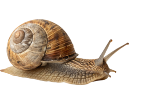 An angle of a garden snail highlighting its ridged body, detailed shell patterns, and forward-reaching tentacles in motion png