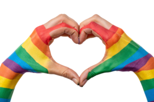 Rainbow-painted hands meeting to create a heart, celebrating LGBTQ pride, diversity, and inclusion with bold, vivid colors png