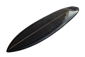 A sleek black surfboard with a reflective finish and a single white line running through its center, embodying minimalistic surfboard design png
