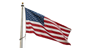 A dynamic U.S. flag fluttering in the wind on a flagpole, representing patriotism and freedom png