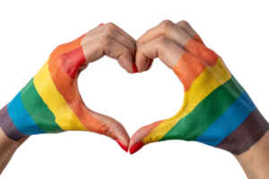 Hands painted in vibrant rainbow colors forming a heart shape, representing inclusivity, diversity, and LGBTQ pride with a bold statement of love png