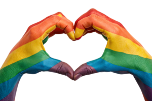 Bold rainbow-painted hands create a heart shape, emphasizing unity, diversity, and pride with vibrant colors png