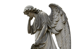 A detailed sculpture of a grieving angel with soft facial features, flowing robes, and intricately carved wings, evoking a sense of sorrow and reverence png