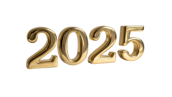 Shiny golden numbers forming 2025, displayed in a glossy finish with shadows emphasizing their three-dimensional design png