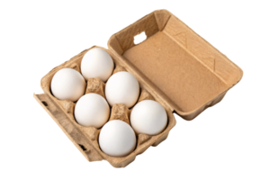 An overhead view of six white eggs nestled securely in a rustic cardboard carton, emphasizing sustainable packaging and organic presentation png
