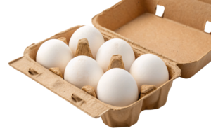 Six pristine white eggs neatly arranged in an open biodegradable cardboard carton, ready for use, symbolizing freshness and natural simplicity png