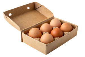 Six brown eggs enclosed in a rectangular cardboard box with a closed lid, combining practicality with eco-conscious packaging for fresh produce png