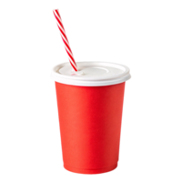 A vibrant red paper cup with a white lid and a striped red-and-white straw, perfect for a refreshing drink png