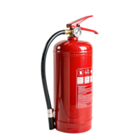 Industrial-grade extinguisher, sleek red cylinder with detailed instruction labels. Equipped with a flexible black hose and a safety seal for instant activation png