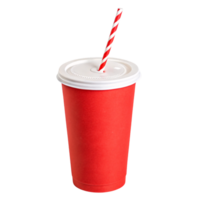 A red takeaway cup with a striped straw, slightly tilted perspective, emphasizing the vibrant red body and the clean white lid's texture png