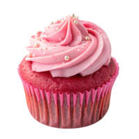 A vibrant pink cupcake with swirls of pink frosting, accented with silver pearls, set in a matching pink wrapper, radiating sweetness and charm png
