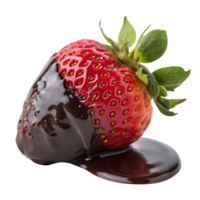 A ripe strawberry dipped halfway in dark, glossy chocolate, resting on a small pool of chocolate, with its green leaves fresh and intact png