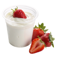 A yogurt cup, with a whole strawberry on top and an assortment of ripe, vibrant strawberries positioned around it png